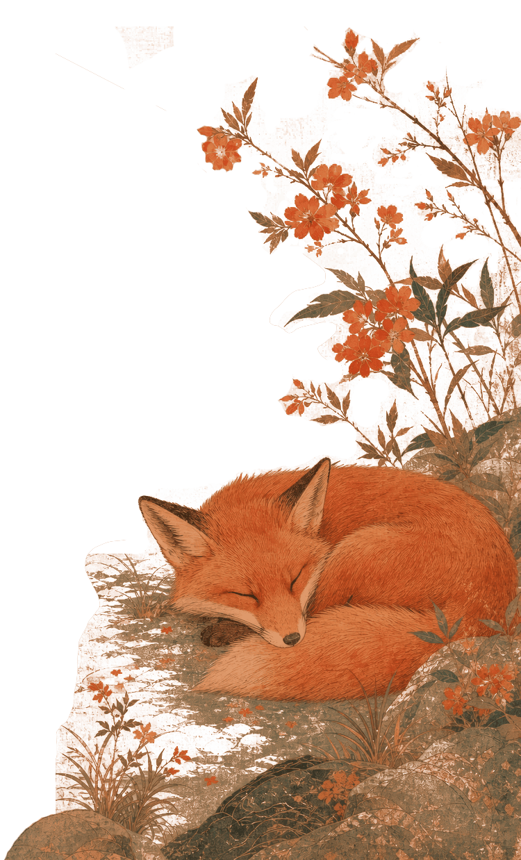 Illustration of a fox curled asleep among flowers
