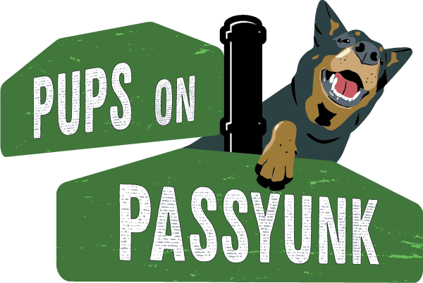 Pups on Passyunk logo — an illustrated dog on a green banner